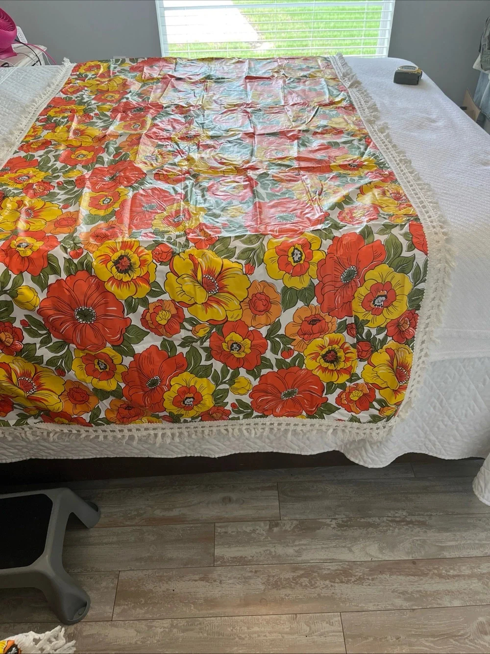 Vintage MCM Floral Orange & Yellow Tablecloth with Fringe 83x43